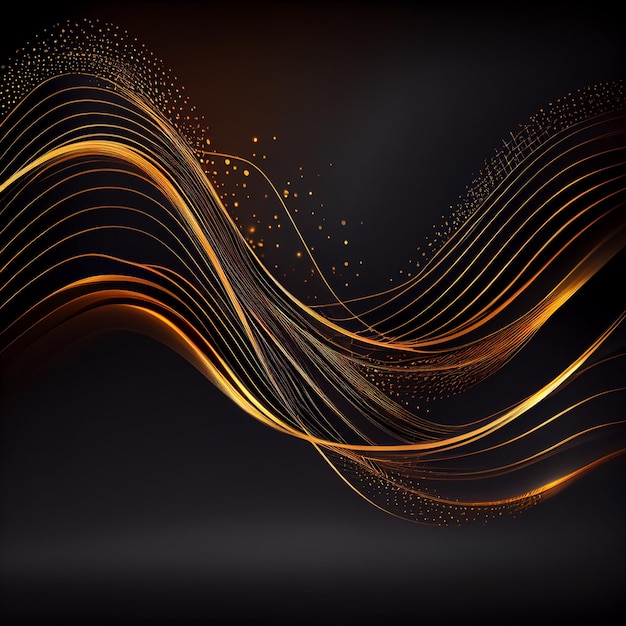 A black background with gold and orange waves and dots.