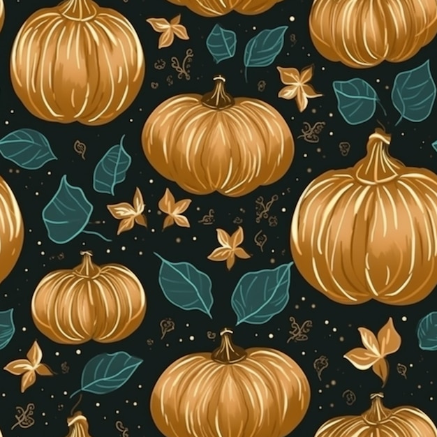 a black background with gold pumpkins and leaves generative ai
