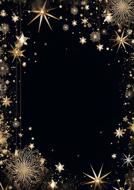 a black background with gold and white stars Abstract Black snowflakes background Invitation and