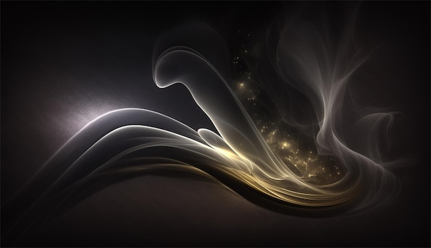 A black background with a gold and white swirls and a light that is lit up.