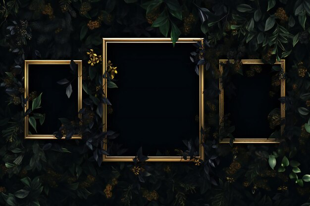 Black background with golden frames and ivy leaves