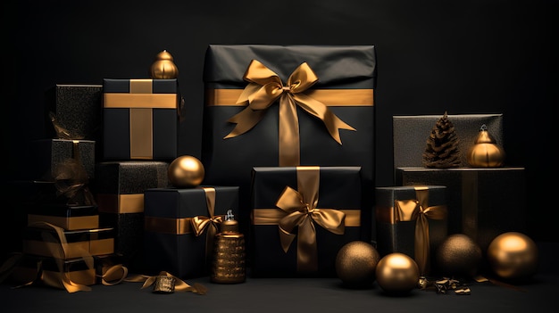 Черный фон с золотыми подарками