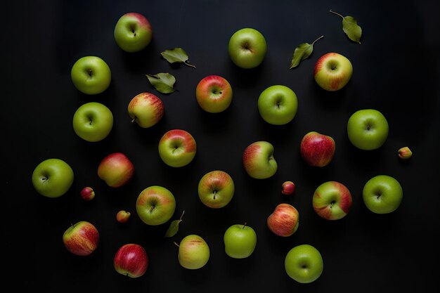 A black background with green apples on it