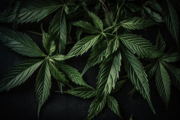 A black background with green leaves of cannabis.