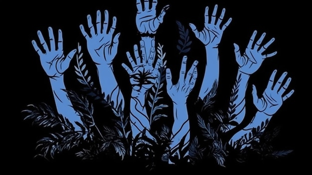 A black background with hands reaching out of the ground.