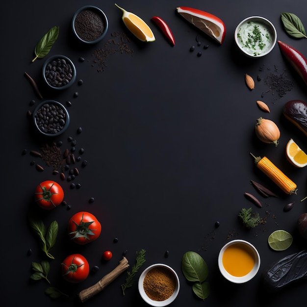 A black background with ingredients for a sauce, spices, and a green leaf.