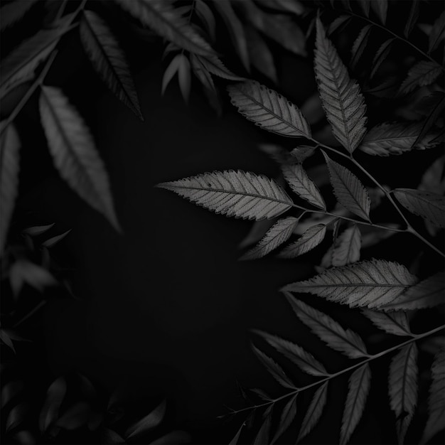 Photo black background with leaves and vegetation texture