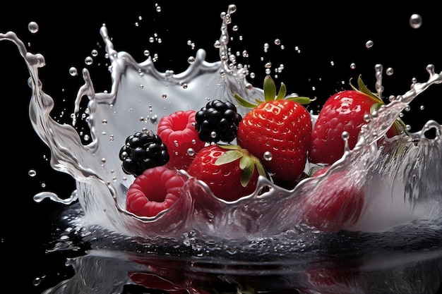 Black Background with Milk Splash and Berries Generative AI