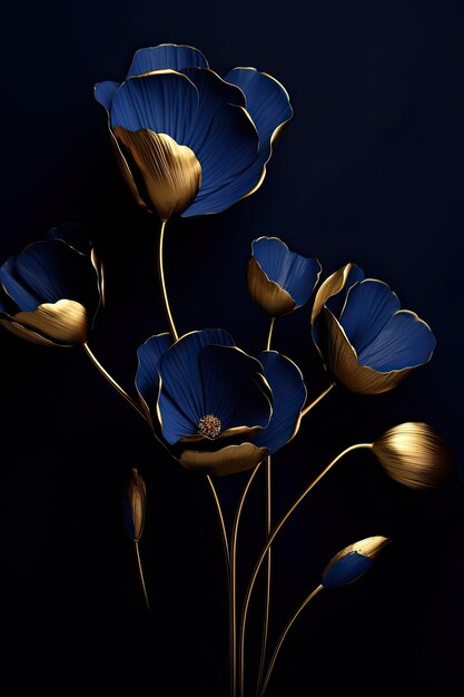 Black background with minimal abstract lily flower blue sapphire threedimensional