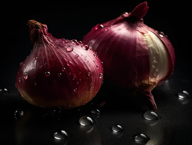 A black background with onions and water droplets on it.