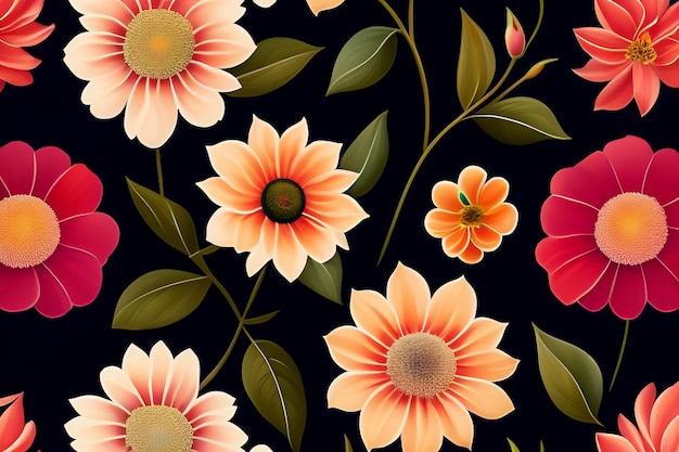 A black background with orange and pink flowers and green leaves.