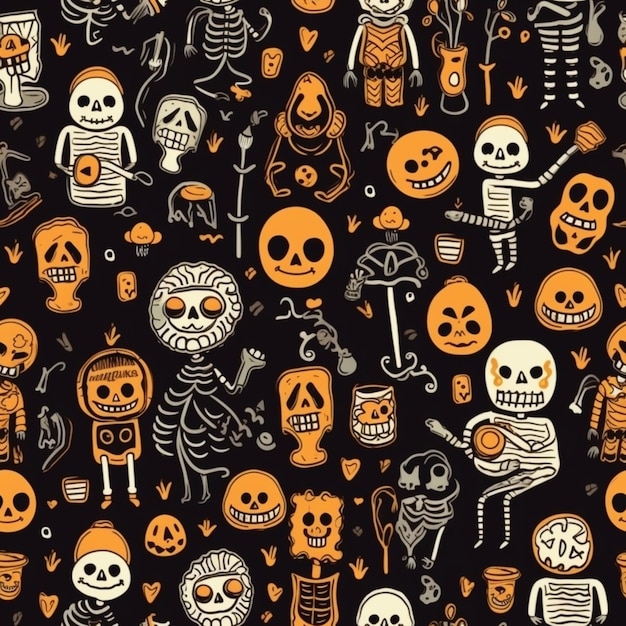 a black background with orange and white skeletons and skeletons generative ai