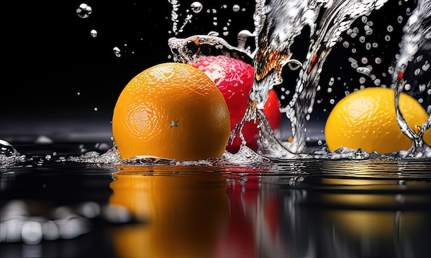 A black background with oranges and a red apple in the water.