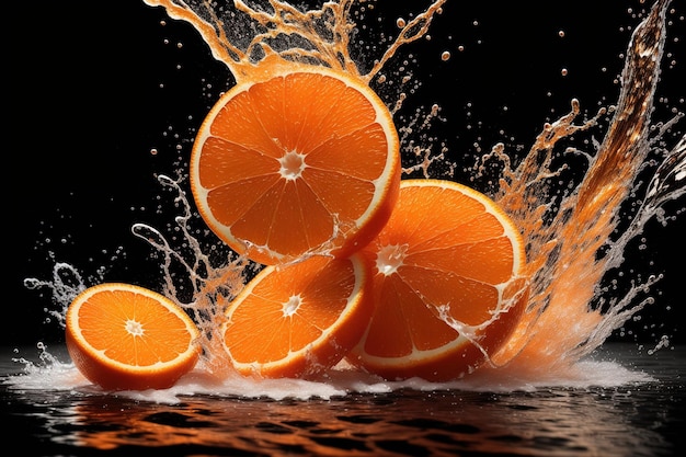 A black background with oranges and water splashing around them.