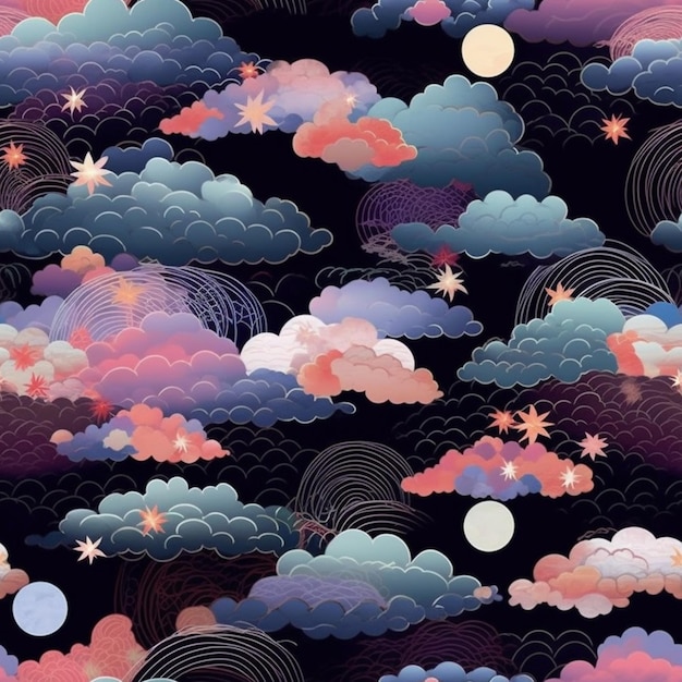 A black background with a pattern of clouds and stars generative ai