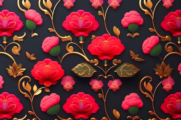A black background with a pattern of flowers and leaves.