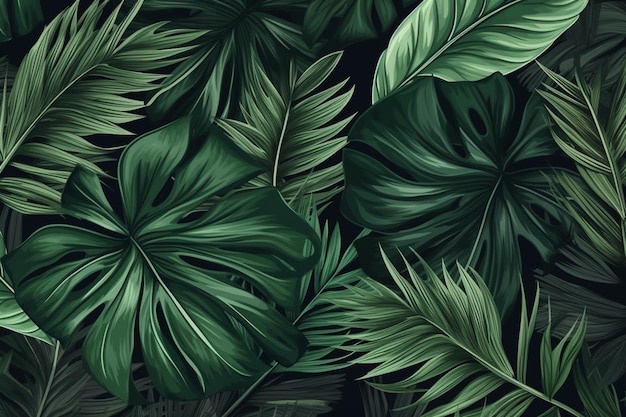 A black background with a pattern of tropical leaves.