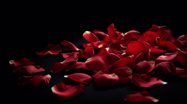 A black background with petals scattered on the floor rose