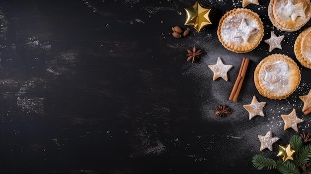 A black background with a pie and cinnamon sticks on it