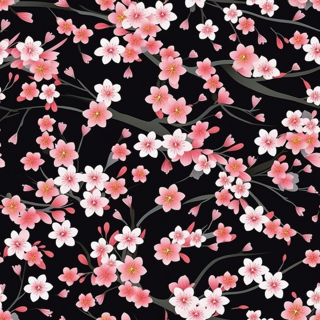 a black background with pink flowers and leaves generative ai