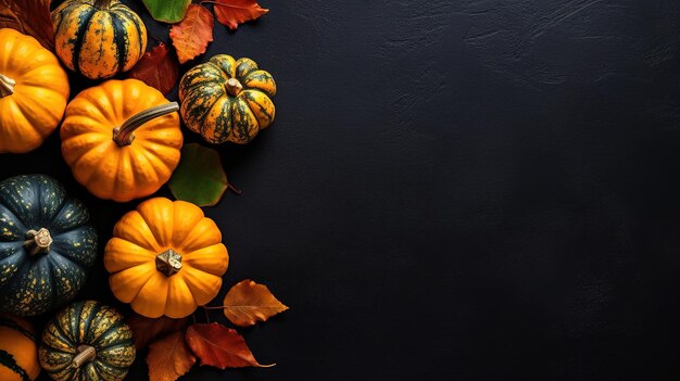A black background with pumpkins on it and some autumn leaves on a black background.