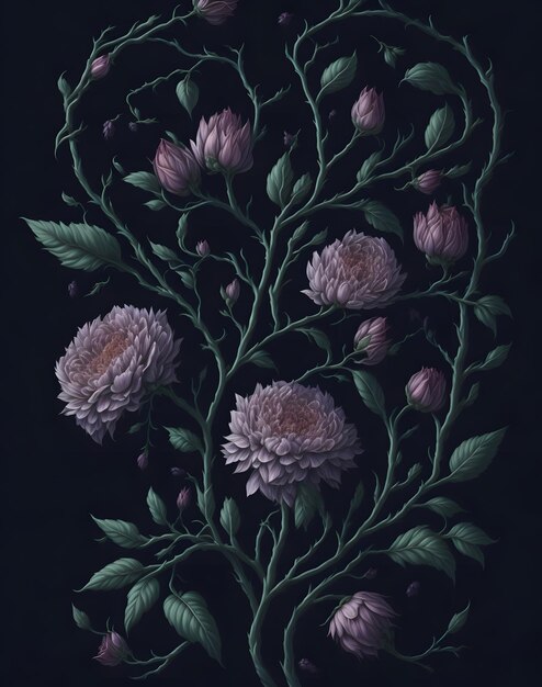 A black background with purple flowers and leaves on it.