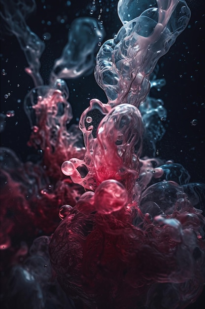 A black background with red and blue liquid in the air