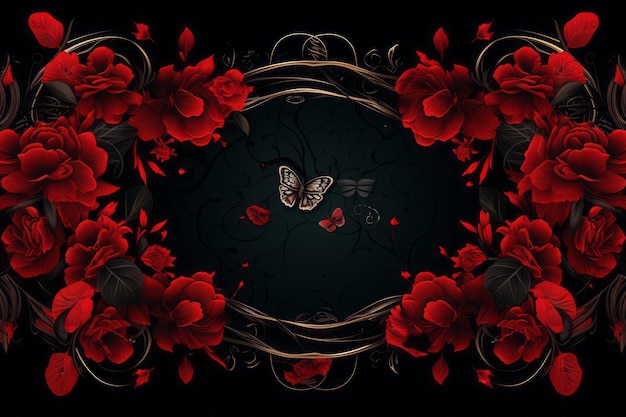 Photo a black background with red flowers and butterflies