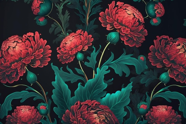 A black background with red flowers and green leaves.