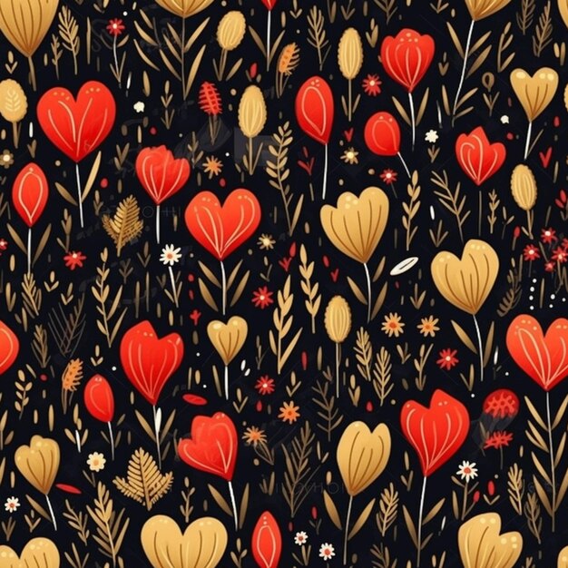 A black background with red and gold flowers and leaves generative ai