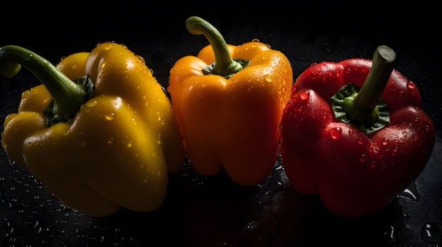 A black background with red peppers and one yellow bell pepper