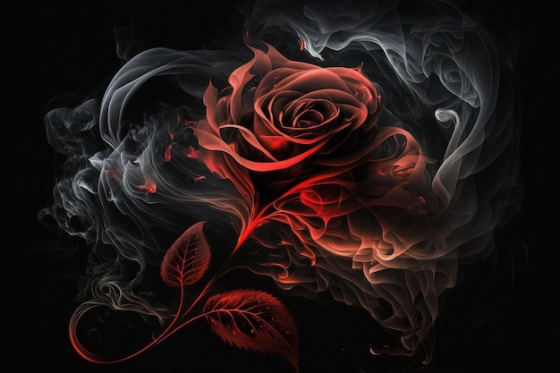 A black background with a red rose and smoke