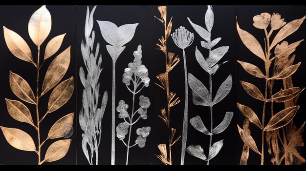 a black background with silver flowers and leaves.