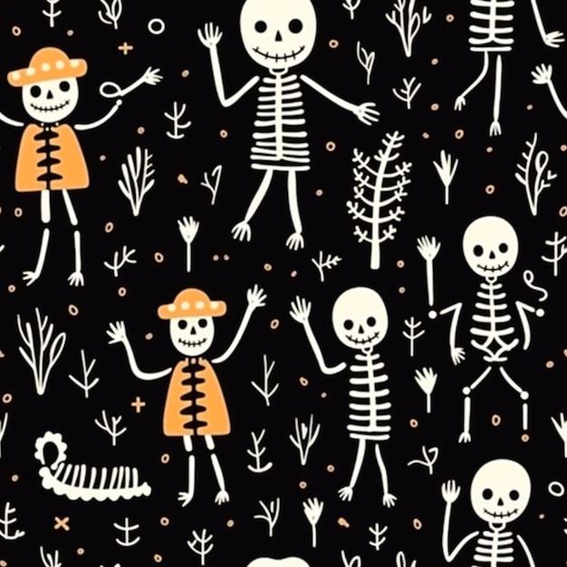Photo a black background with skeletons and flowers generative ai