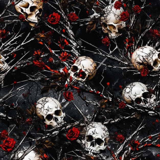 A black background with skulls and red roses on it