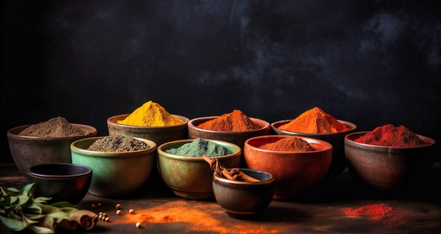 A black background with spices in bowls