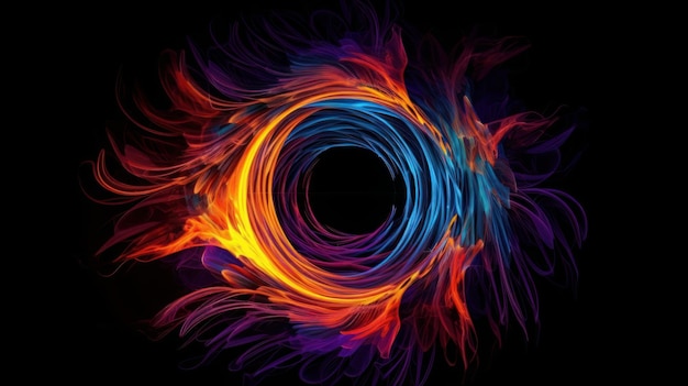 A black background with a spiral of colors and a black hole with a blue hole in the middle