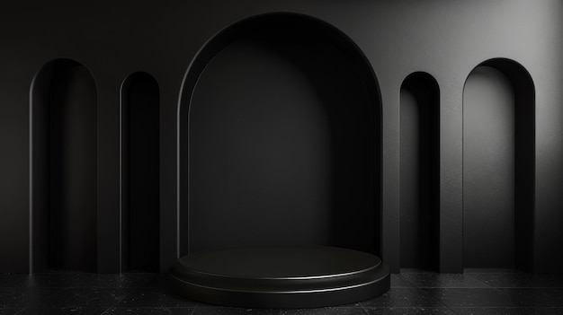 Black background with stand podium with luxury arch shape scene