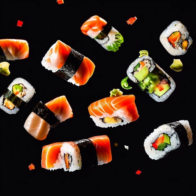 A black background with sushi and other food including avocado, avocado, and avocado.