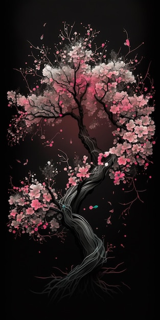 A black background with a tree with pink flowers.