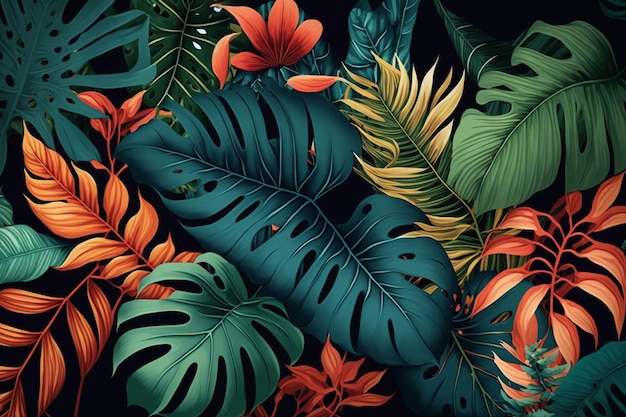 Photo a black background with a tropical leaves and flowers.