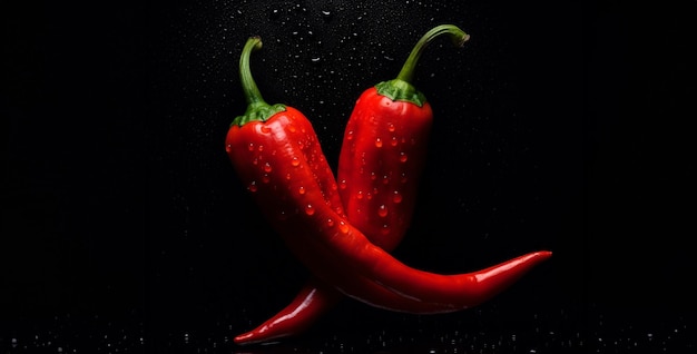 black background with two red chili vegetables next red hot chili peppers on black background