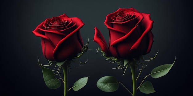 黒の背景に 2 つの赤いバラ。