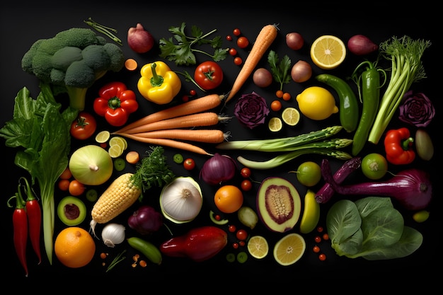 A black background with a variety of fruits and vegetables including carrots, broccoli, carrots, and other fruits.