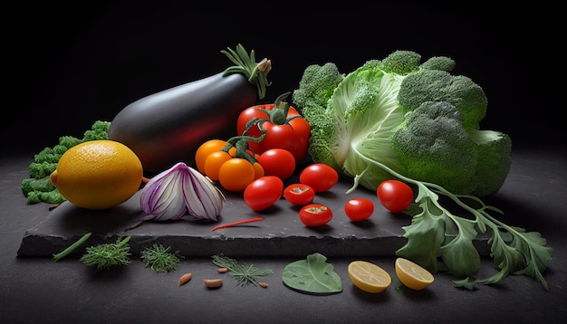 A black background with vegetables and fruits on it