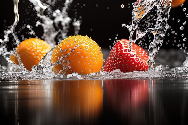A black background with a water splash and strawberries in it.