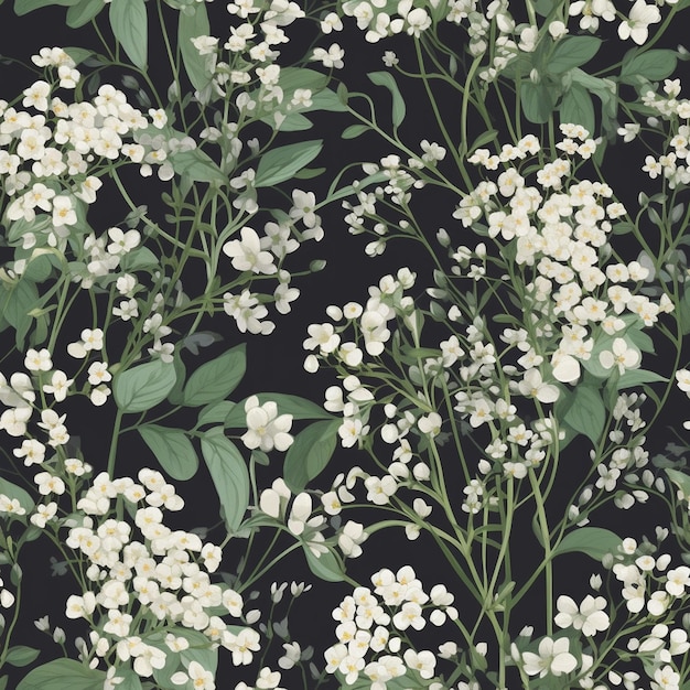 A black background with white flowers and green leaves.