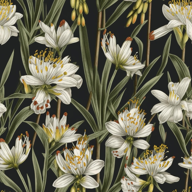 A black background with white flowers and a red dot on the left.