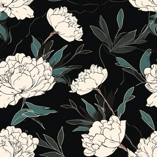 A black background with white peonies and leaves.