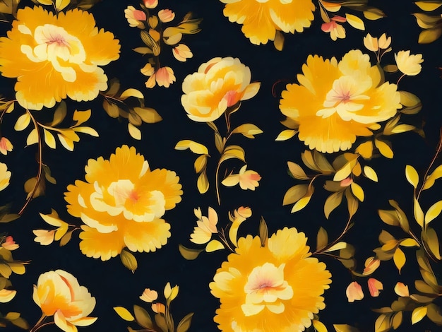 A black background with yellow flowers and leaves that say " peony ".